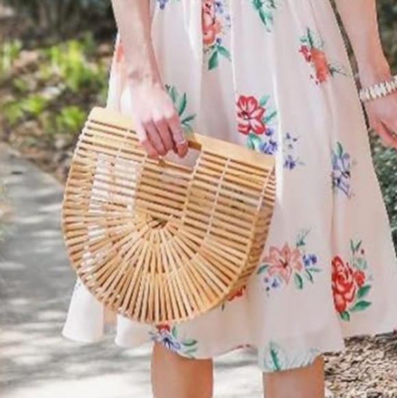 Bamboo Pool Tote Beach Bag Tan Brown Woven Wood Wicker Hippie Purse Bohemian - Picture 8 of 10